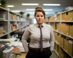 a woman wearing a tie standing in a library generative ai photo