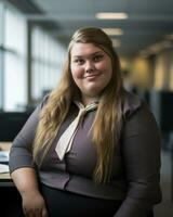 a woman wearing a tie sitting at a desk in an office generative ai photo