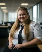 a woman wearing a white shirt and black tie sitting at a desk generative ai photo
