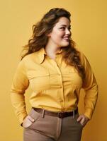 a woman wearing a yellow shirt and brown pants generative ai photo