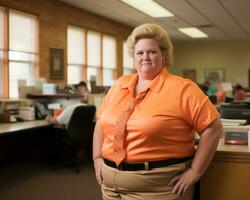 un mujer vistiendo un naranja camisa generativo ai foto