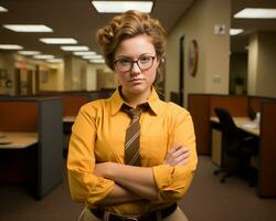 a woman wearing a yellow shirt generative ai photo