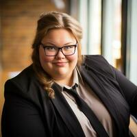 a woman wearing glasses and a black blazer sitting in front of a window generative ai photo