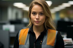 a woman wearing an orange and black vest in an office generative ai photo