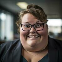 a woman wearing glasses and a black blazer smiles for the camera generative ai photo