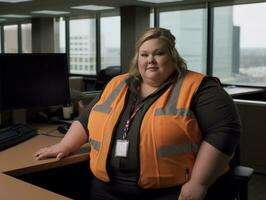 un mujer vistiendo un naranja la seguridad chaleco generativo ai foto