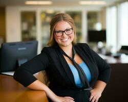 a woman wearing glasses and a black blazer standing in front of a desk generative ai photo