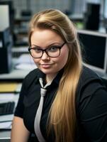 a woman wearing glasses and a black shirt sitting at a desk generative ai photo