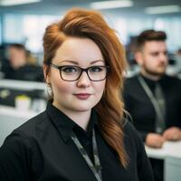 a woman wearing glasses and a black shirt in an office generative ai photo