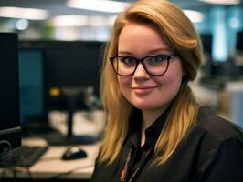 a woman wearing glasses and a black shirt in front of a computer generative ai photo