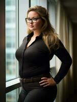 a woman wearing glasses and a black shirt standing by a window generative ai photo