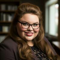 a woman wearing glasses and a blazer smiles for the camera generative ai photo