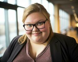 a woman wearing glasses and a blazer smiles for the camera generative ai photo