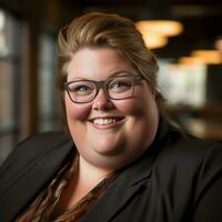 a woman wearing glasses and a blazer smiles for the camera generative ai photo