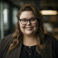 a woman wearing glasses and a blazer smiles for the camera generative ai photo