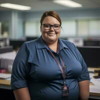 a woman wearing glasses and a blue shirt in an office generative ai photo