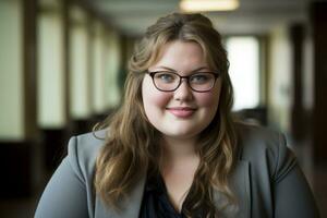 a woman wearing glasses and a blazer posing for a photo generative ai