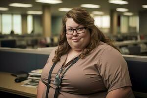 a woman wearing glasses and a brown shirt generative ai photo