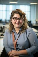 a woman wearing glasses and a blue shirt sitting at a desk generative ai photo