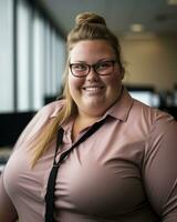 a woman wearing glasses and a pink shirt generative ai photo