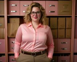a woman wearing glasses and a pink shirt stands in front of a pink filing cabinet generative ai photo