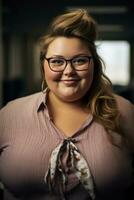 a woman wearing glasses and a pink shirt posing for the camera generative ai photo