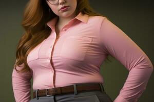 un mujer vistiendo lentes y un rosado camisa generativo ai foto