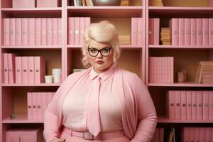 a woman wearing glasses and a pink suit standing in front of a bookcase generative ai photo