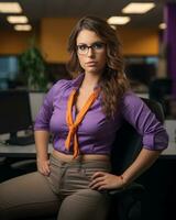 a woman wearing glasses and a purple shirt is sitting in an office generative ai photo