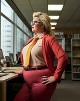 a woman wearing glasses and a red jacket standing in front of a desk generative ai photo