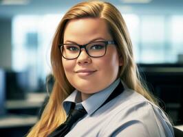 a woman wearing glasses and a shirt in an office generative ai photo