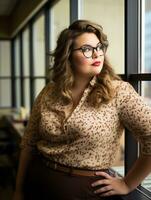 a woman wearing glasses and a shirt leaning against a window generative ai photo