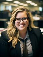 a woman wearing glasses and a suit in an office generative ai photo