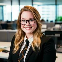 a woman wearing glasses and a suit in an office generative ai photo