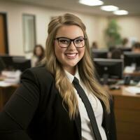 a woman wearing glasses and a suit in an office generative ai photo