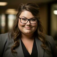 a woman wearing glasses and a suit posing for a photo generative ai