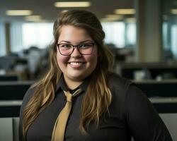 a woman wearing glasses and a tie in an office generative ai photo