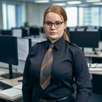un mujer vistiendo lentes y un Corbata en pie en un oficina generativo ai foto