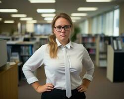 a woman wearing glasses and a tie standing in an office generative ai photo