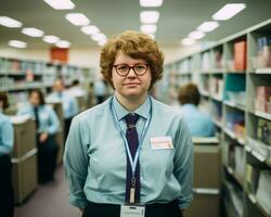 a woman wearing glasses and a tie standing in a library generative ai photo