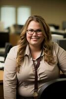 a woman wearing glasses and a tie sitting at a desk generative ai photo