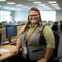 a woman wearing glasses and a vest in an office generative ai photo