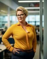 un mujer vistiendo lentes y un amarillo camisa en un oficina generativo ai foto