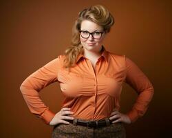 un mujer vistiendo lentes y un naranja camisa generativo ai foto