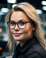 a woman wearing glasses in an office setting generative ai photo