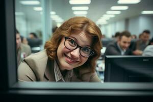 a woman wearing glasses is looking out the window of an office generative ai photo