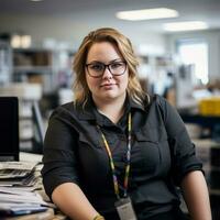 a woman wearing glasses sits at a desk in an office generative ai photo