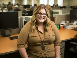 a woman wearing glasses sits at a desk in an office generative ai photo