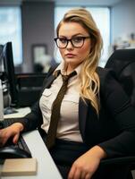 a woman wearing glasses sitting at a desk in an office generative ai photo