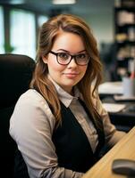 a woman wearing glasses sitting at a desk in an office generative ai photo